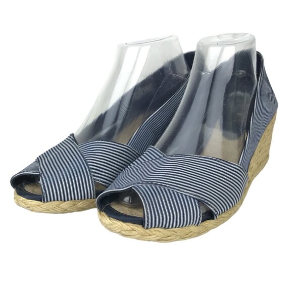 Lauren Ralph Lauren 9 Cecilia Espadrille Wedge Heel Peep Toe Blue White Striped - Picture 9 of 9